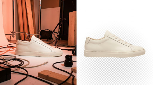 Vorher und nachher: ein hochwertiger weißer Sneaker, fotografiert auf einem unordentlichen Studioboden, dann freigestellt auf einem reinen weißen Hintergrund mit pixelgenauen, sauberen Kanten an Sohle und Ösen