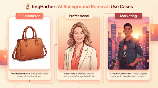Drei Anwendungsfälle: Lederhandtasche auf Weiß für eine E-Commerce-Auflistung (links), Porträt einer Frau auf sanftem Farbverlauf für LinkedIn (Mitte), Person vor einer Stadtsilhouette für Marketing compositet (rechts)